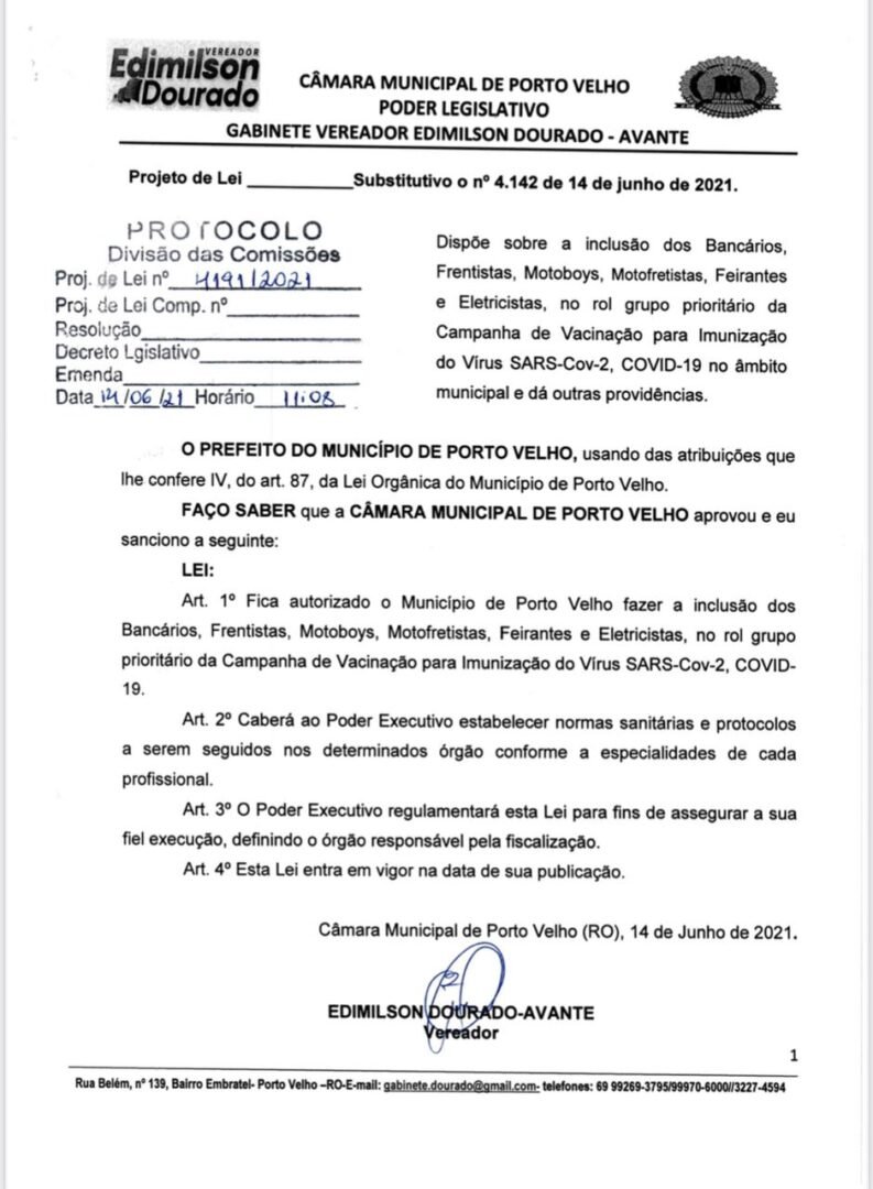 COVID – 19 – Projeto de Lei do vereador Edimilson Dourado inclui bancários, frentistas, motoboys, motofretistas, feirantes e eletricistas em grupo prioritário de vacinação
