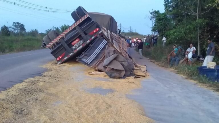 Carreta carregada com milho tomba em Porto Velho e população saqueia carga