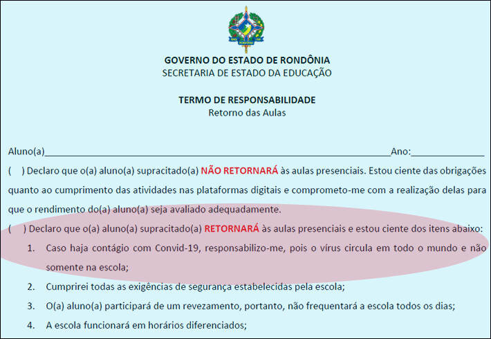 Na volta às aulas, pais terão que assinar documento isentando Estado, “pois vírus circula em todo o mundo” Na volta às aulas, pais terão que assinar documento isentando Estado, “pois vírus circula em todo o mundo”