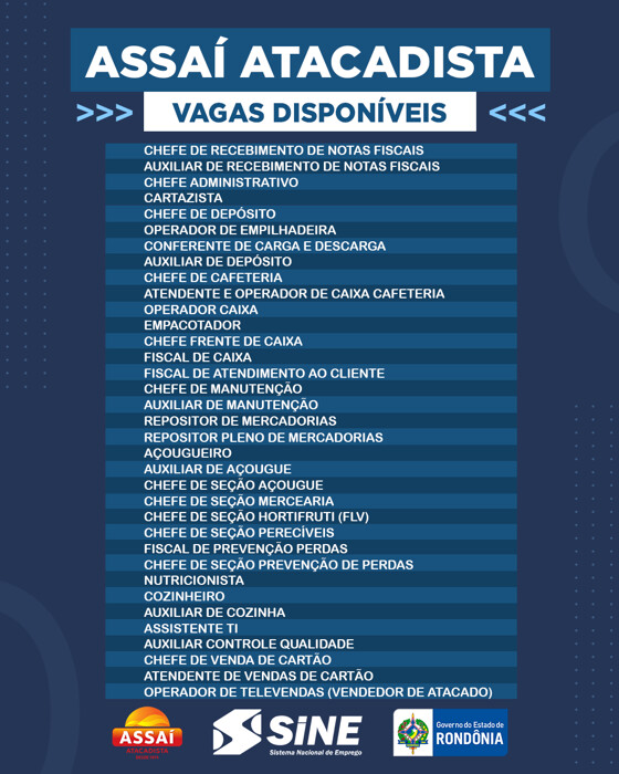 Assaí atacadista oferece quase 300 vagas em Porto Velho; confira Assaí atacadista oferece quase 300 vagas em Porto Velho; confira