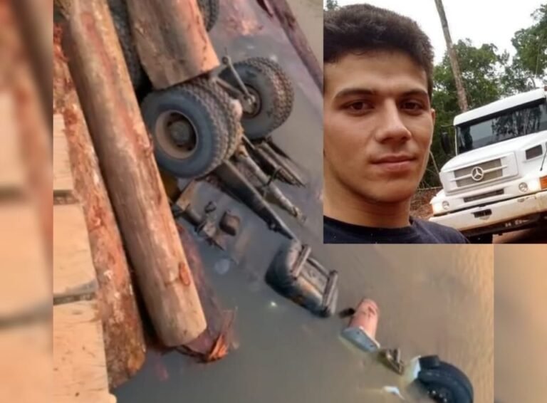 Motorista de 21 anos morre preso às ferragens após caminhão carregado de madeira cair em rio