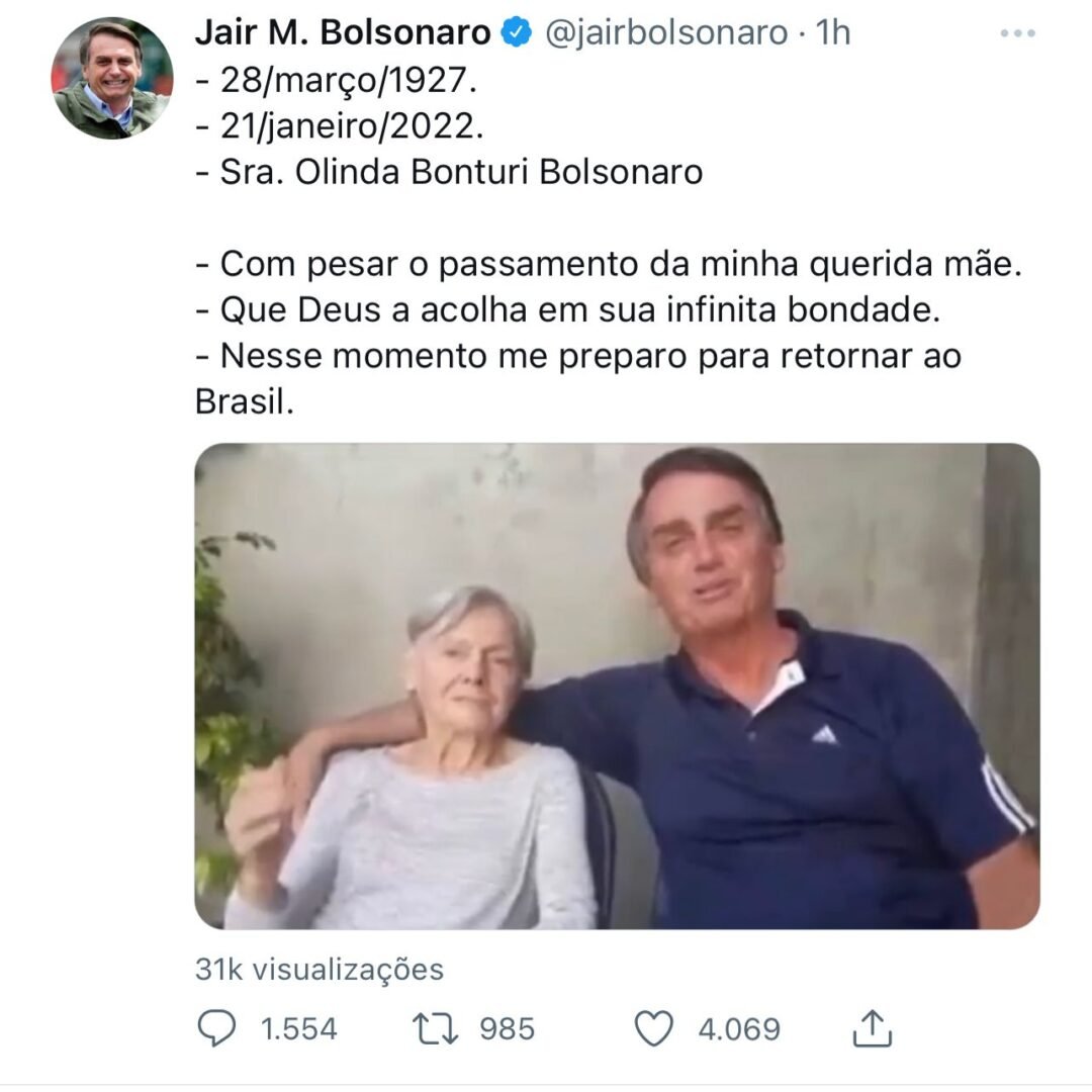 Mãe de Bolsonaro morre aos 94 anos; presidente publicou vídeo - assista