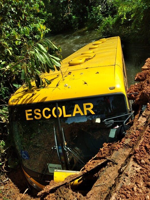 Motorista de ônibus escolar perde controle e cai de ponte na zona rural de Porto Velho