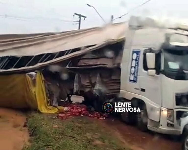 URGENTE – Carreta carregada com cerveja tomba e população tenta saquear a carga