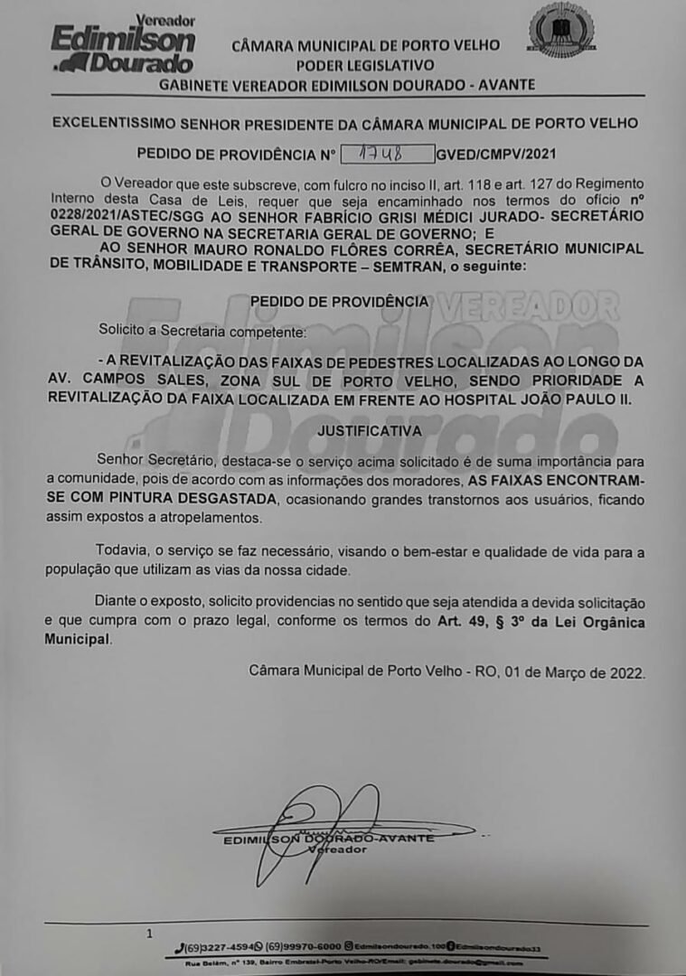 Semtran revitaliza faixa de pedestres atendendo pedido do vereador Edimilson Dourado