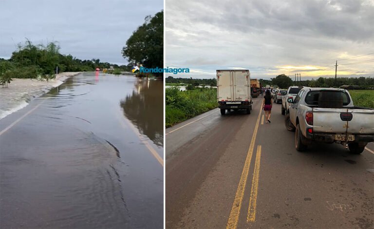 Rio transborda e invade pista da RO-010, em Rolim de Moura