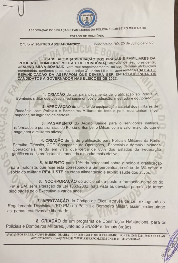 Assfapom entrega ao governador pauta de reivindicações dos militares