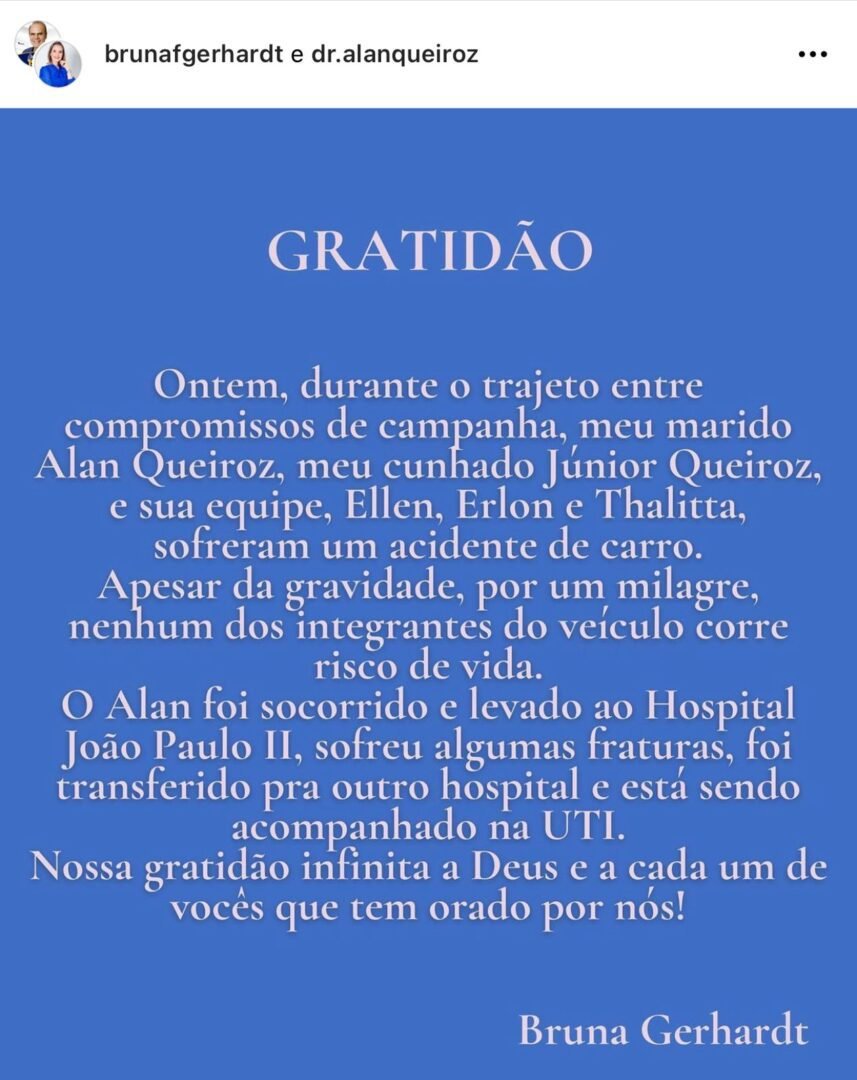 Deputado Alan Queiroz é transferido de hospital e encaminhado para a UTI após grave acidente