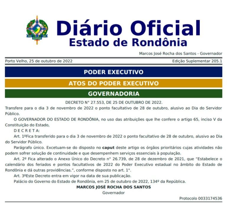 Governo de Rondônia também transfere para dia 3 o ponto facultativo do Dia do Servidor