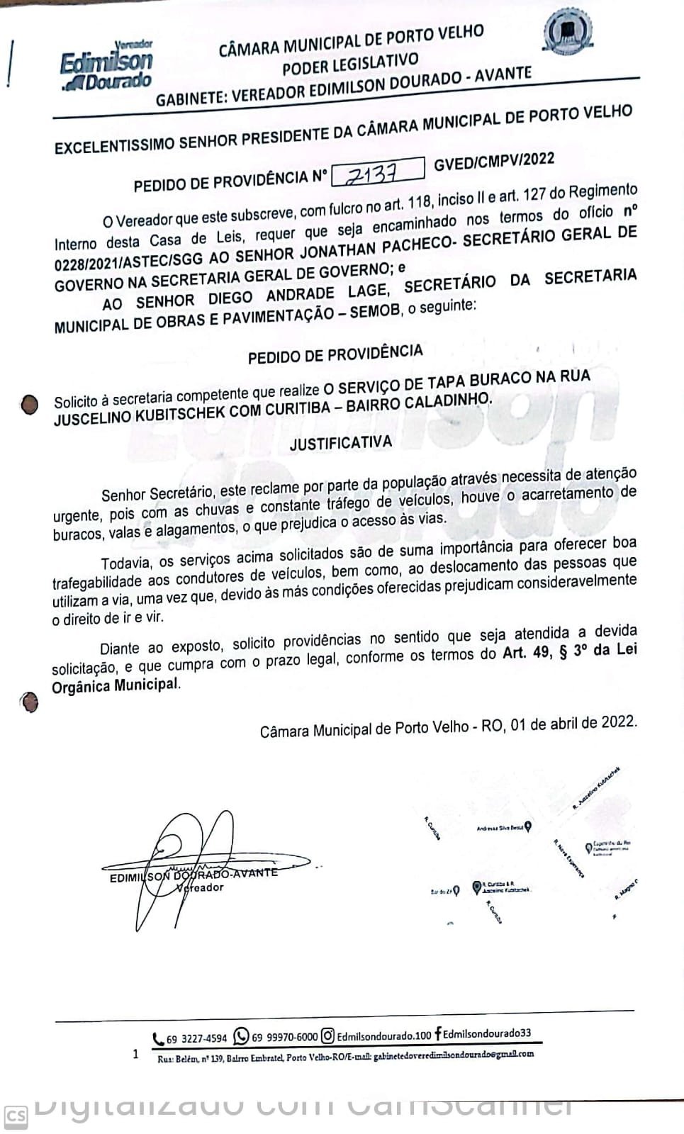 Tapa buraco é realizado na zona sul a pedido do vereador Edimilson Dourado