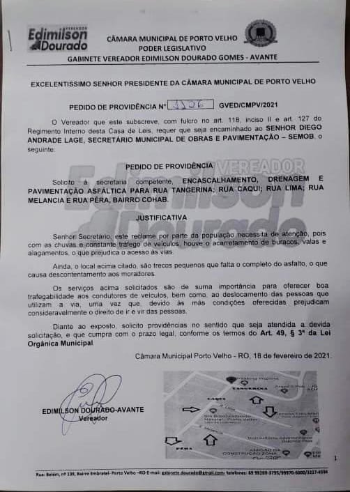 Semob inicia asfaltamento de ruas no Bairro Cohab a pedido do vereador Edmilson Dourado