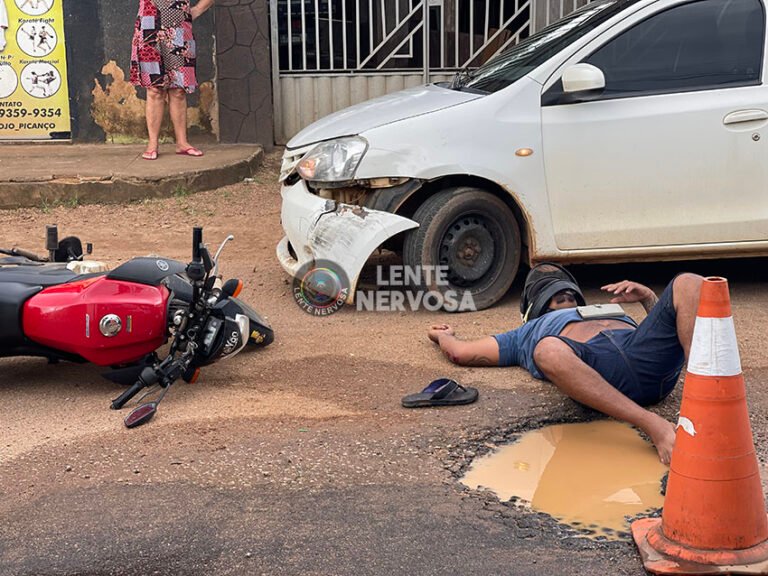 BURACO – Motociclista fica ferido ao bater de frente com carro após desviar de caminhonete