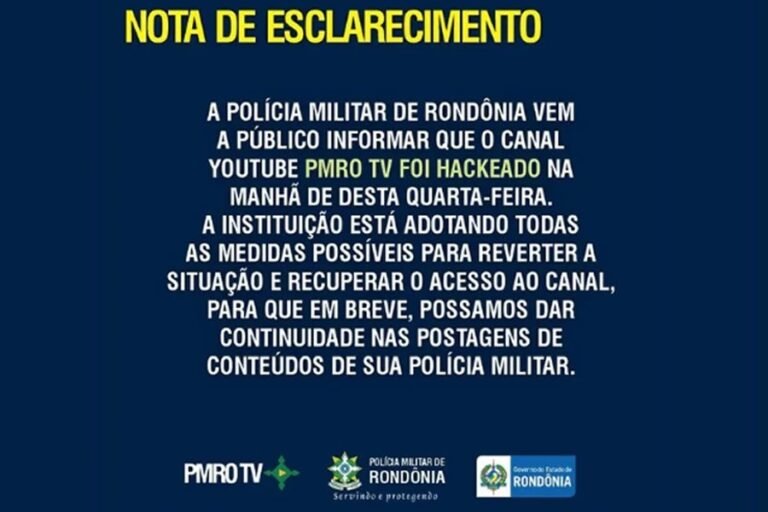 Canal do YouTube da Polícia Militar de Rondônia é hackeado