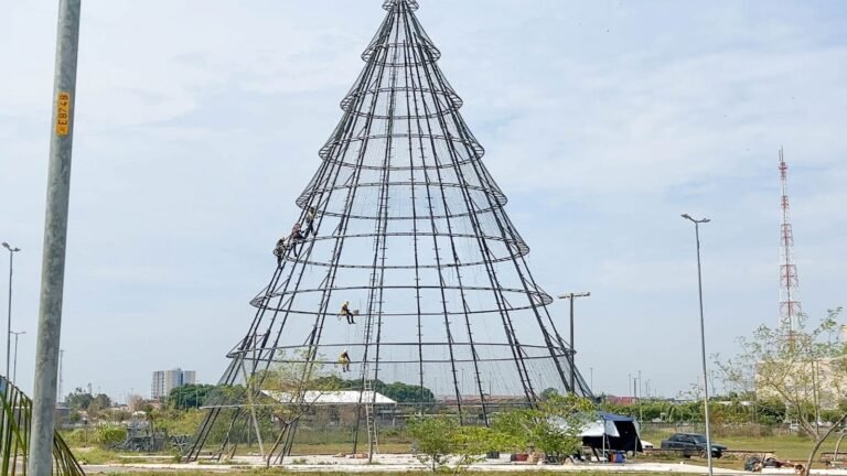 Equipes trabalham na decoração natalina 2023 do Parque da Cidade