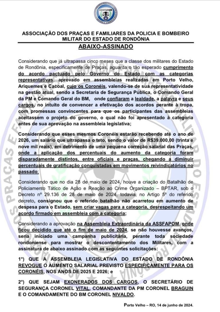 ASSFAPOM lança abaixo-assinado: GOVERNO CUMPRA COM OS ACORDOS COM OS MILITARES, JÁ!