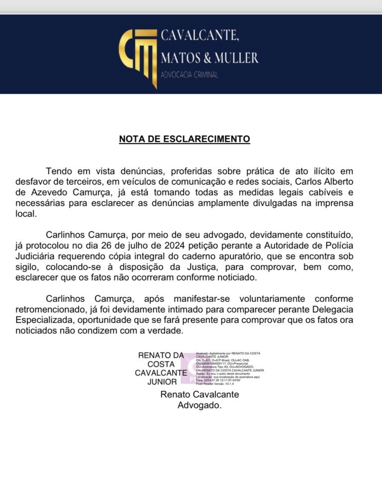 Nota de esclarecimento – Ex-prefeito nega crime e emite nota oficial