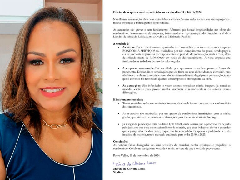 DIREITO DE RESPOSTA – Advogada e síndica de condomínio rebate acusações
