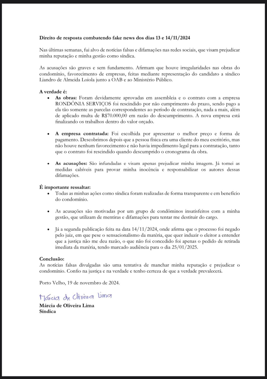 DIREITO DE RESPOSTA - Advogada e síndica de condomínio rebate acusações 3 DIREITO DE RESPOSTA - Advogada e síndica de condomínio rebate acusações
