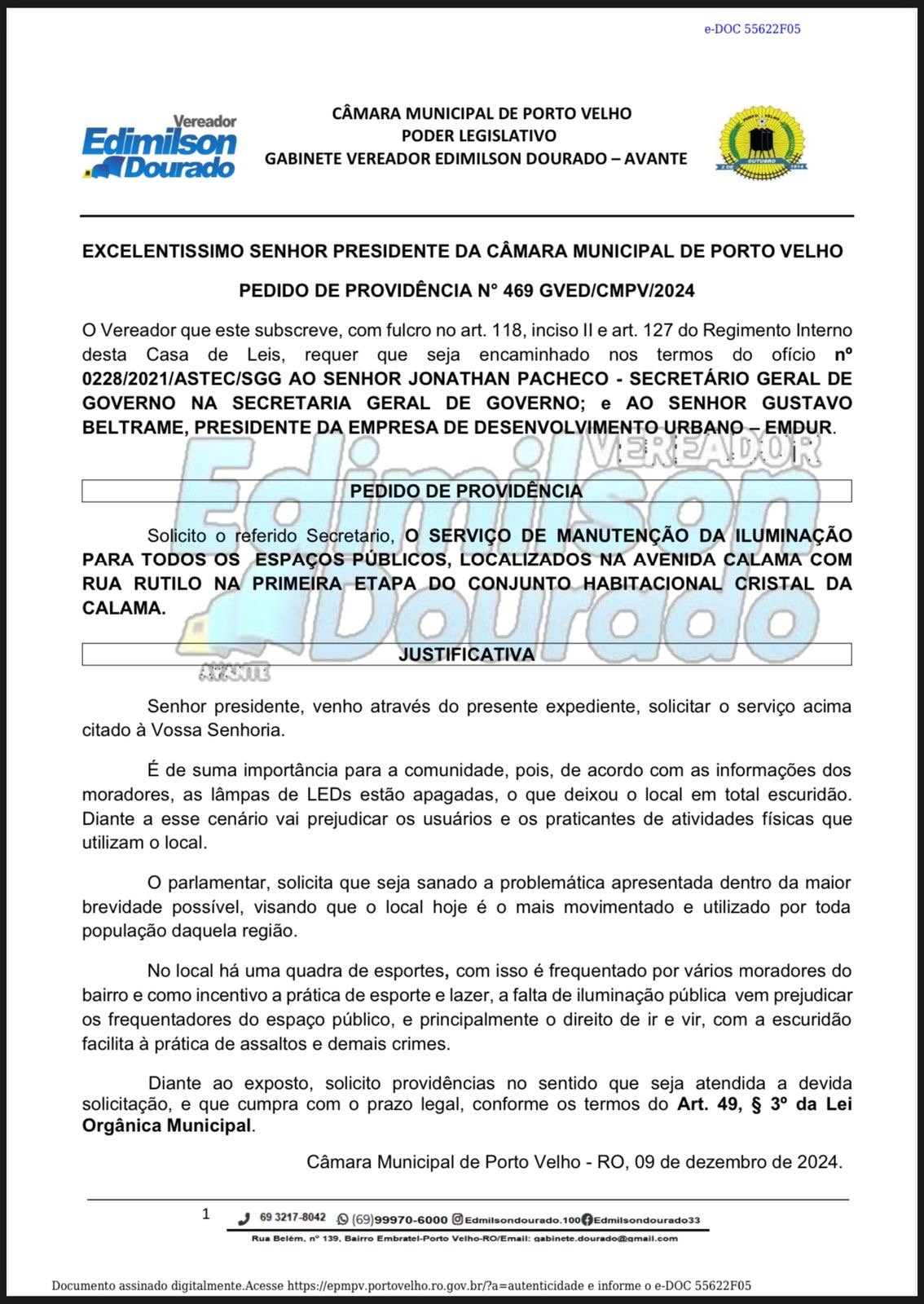 Vereador Edimilson Dourado solicita revitalização da iluminação pública no Cristal da Calama