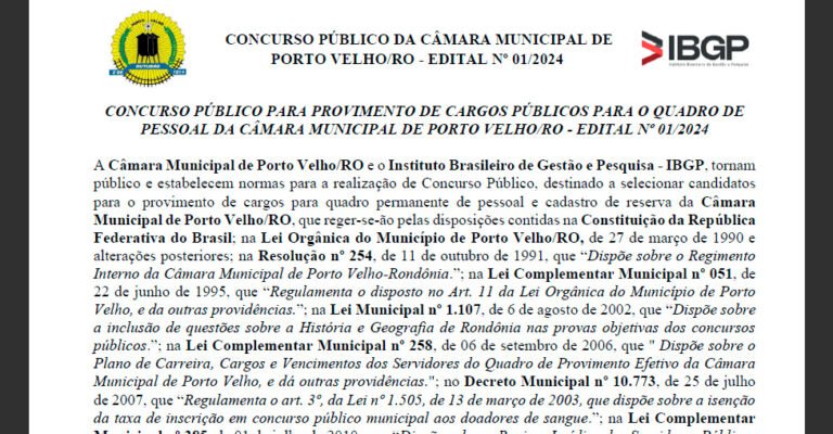 Câmara de Porto Velho divulga edital de concurso com salários de até R$ 7.771,35