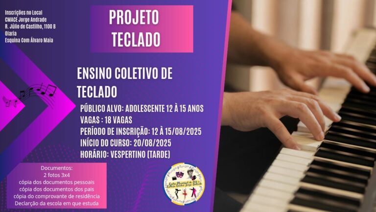 Centro Jorge Andrade abre inscrições para Projeto de Teclado em Grupo voltado para adolescentes de 12 a 15 anos