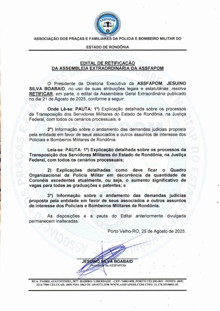 Retificação de Edital da Assembleia Extraordinária da Assfapom