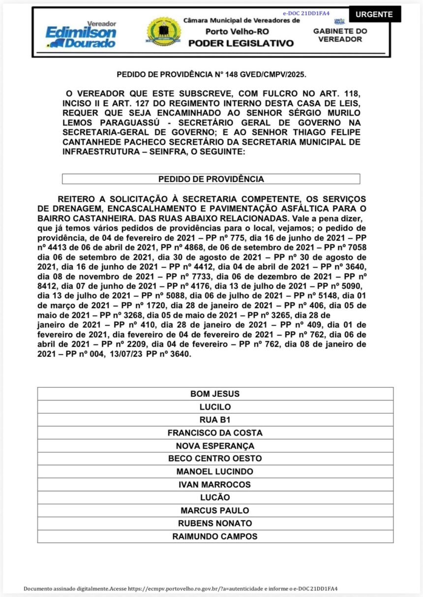 Vereador Edimilson Dourado intensifica cobrança e afirma que vai lutar pelo asfaltamento total do Bairro Castanheiras até 2026