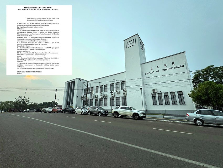 Prefeitura de Porto Velho decreta ponto facultativo a partir do meio-dia desta terça-feira (17) 1 Prefeitura de Porto Velho decreta ponto facultativo a partir do meio-dia desta terça-feira (17)