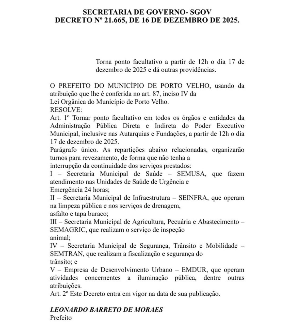 documento Prefeitura de Porto Velho decreta ponto facultativo a partir do meio-dia desta terça-feira (17)