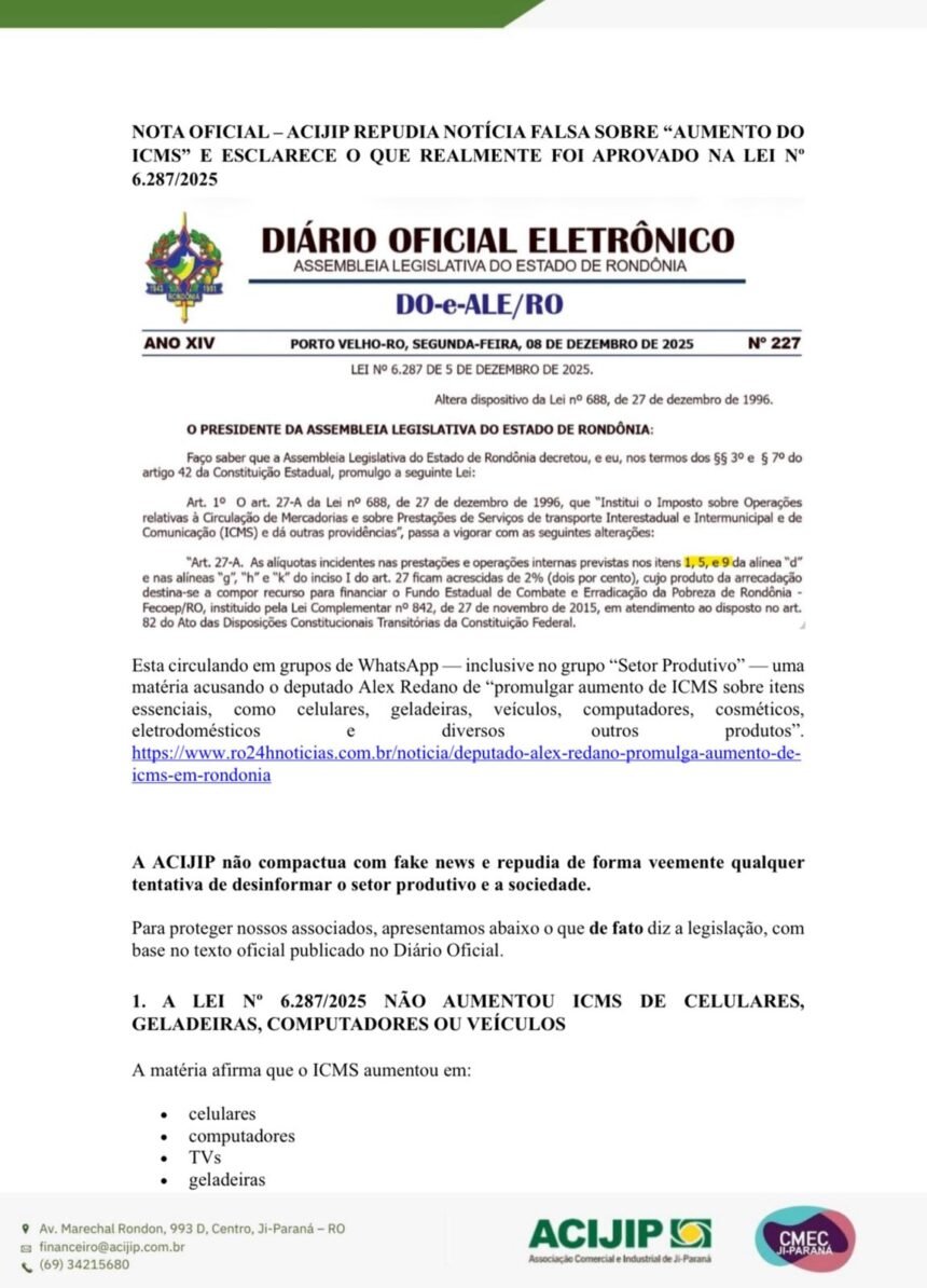 documento ACIJIP desmente Fake News sobre aumento de ICMS, tranquiliza empresário e explica Lei ponto a ponto