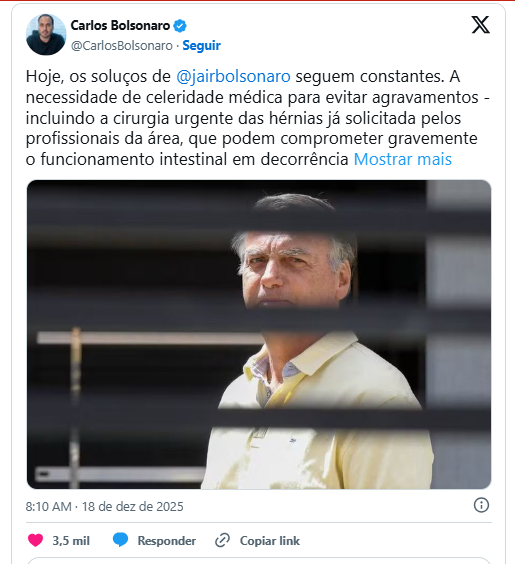 Carlos pede “celeridade médica” para evitar danos à saúde de Bolsonaro