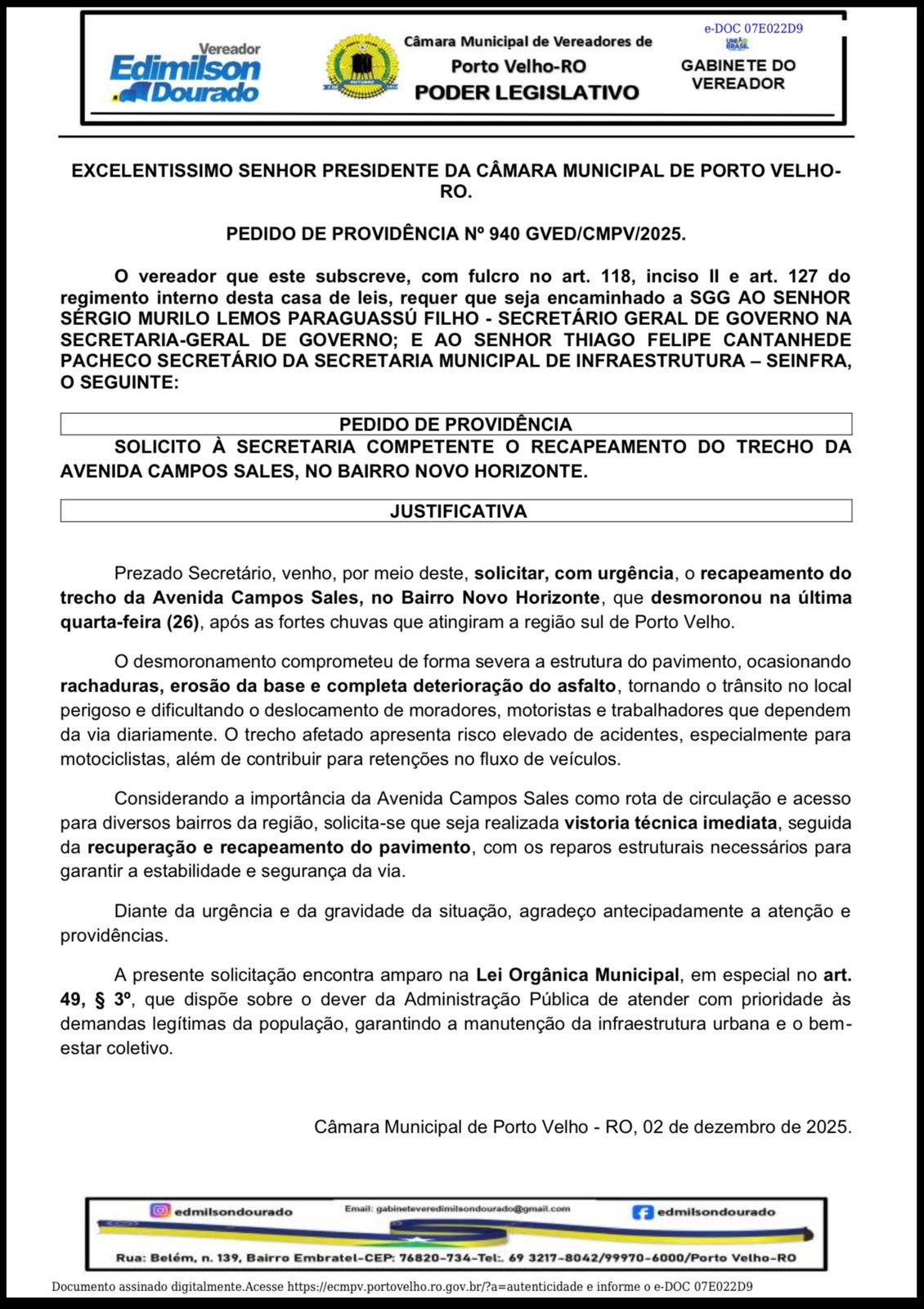pedido Vereador Edimilson Dourado cobra recapeamento urgente em trecho danificado da avenida Campos Sales