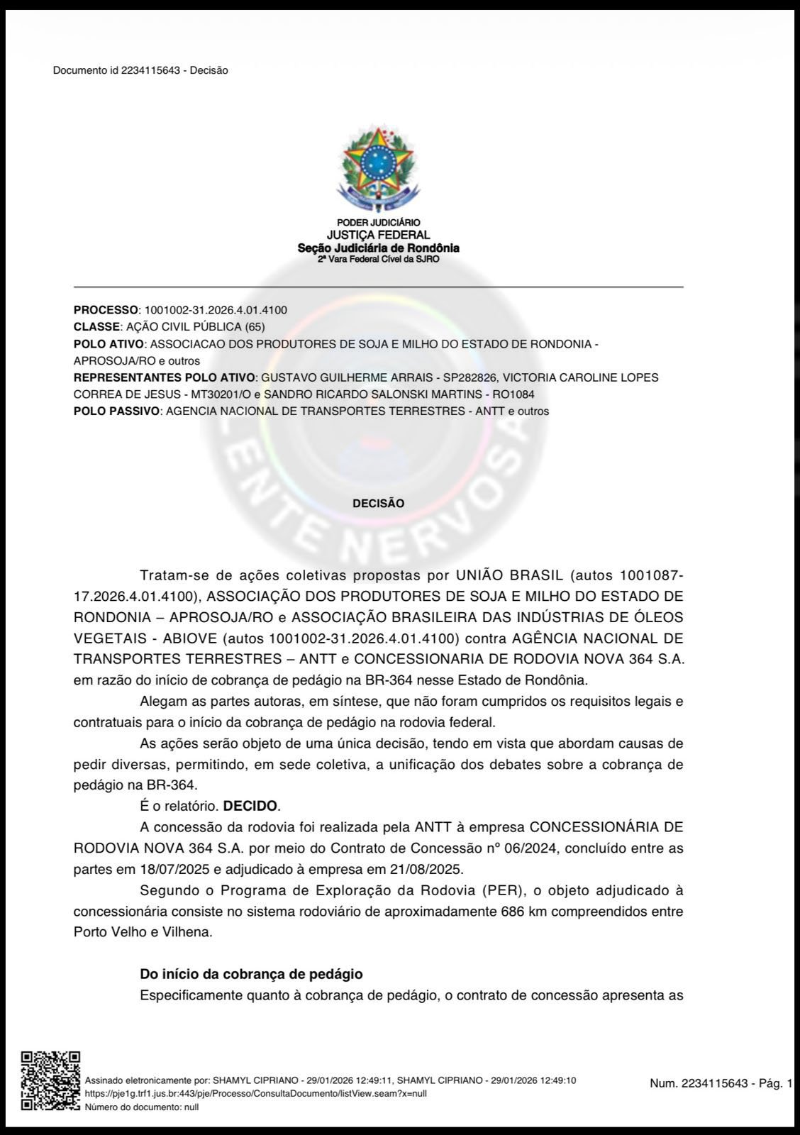 documento Justiça Federal suspende cobrança de pedágio na BR-364 em Rondônia