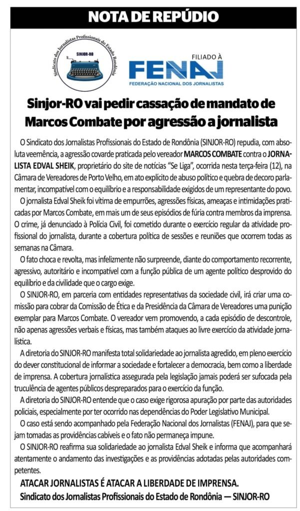 Sinjor-RO anuncia pedido de cassação contra vereador Marcos Combate após denúncia de agressão a jornalista