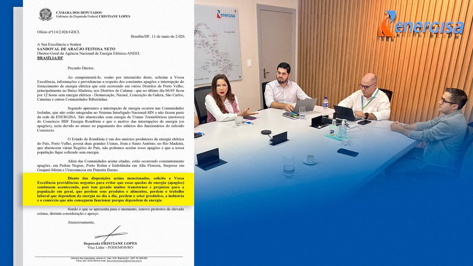 Deputada federal Cristiane Lopes cobra Energisa e ANEEL por solução definitiva diante da crise elétrica em Rondônia