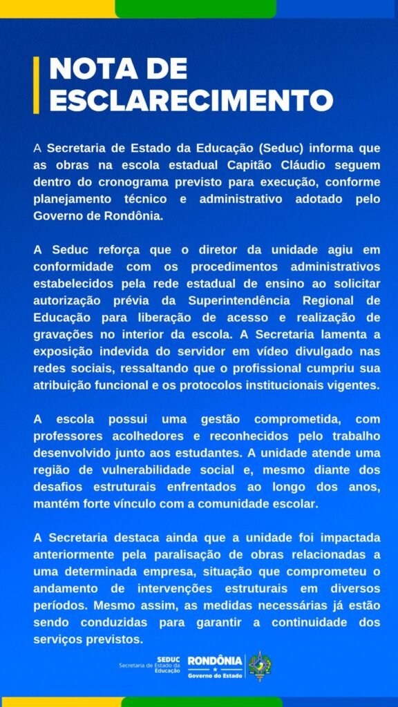 Seduc esclarece andamento de obras e defende atuação de diretor em escola estadual
