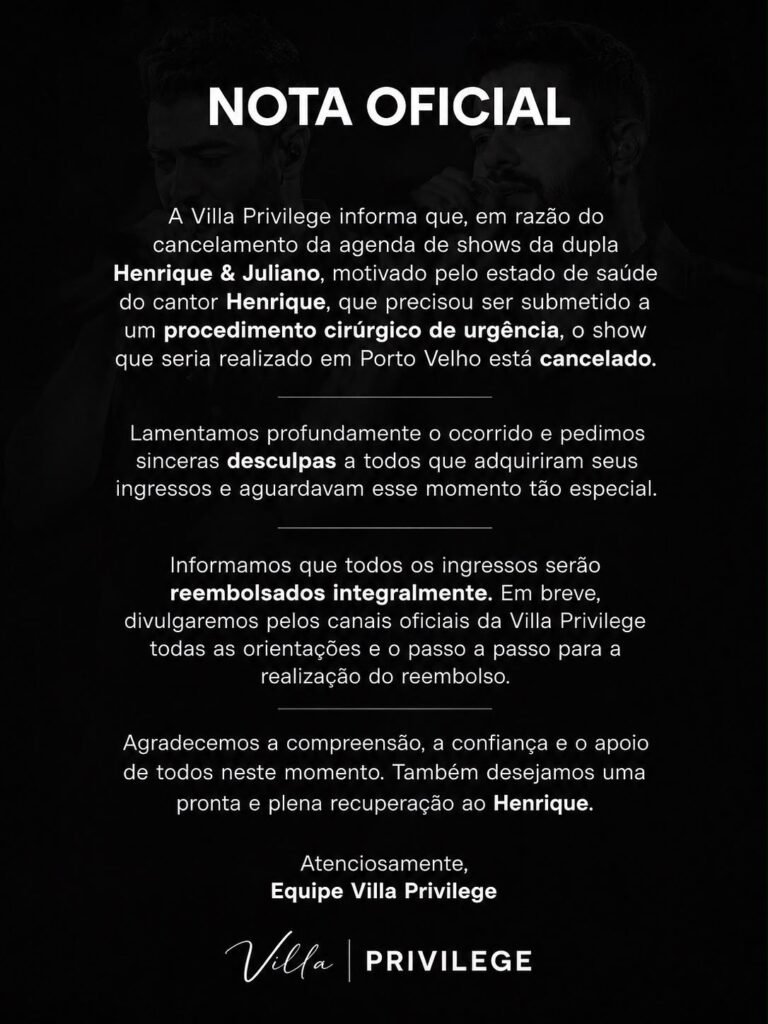 Shows de Henrique e Juliano são cancelados em Porto Velho e Ji-Paraná