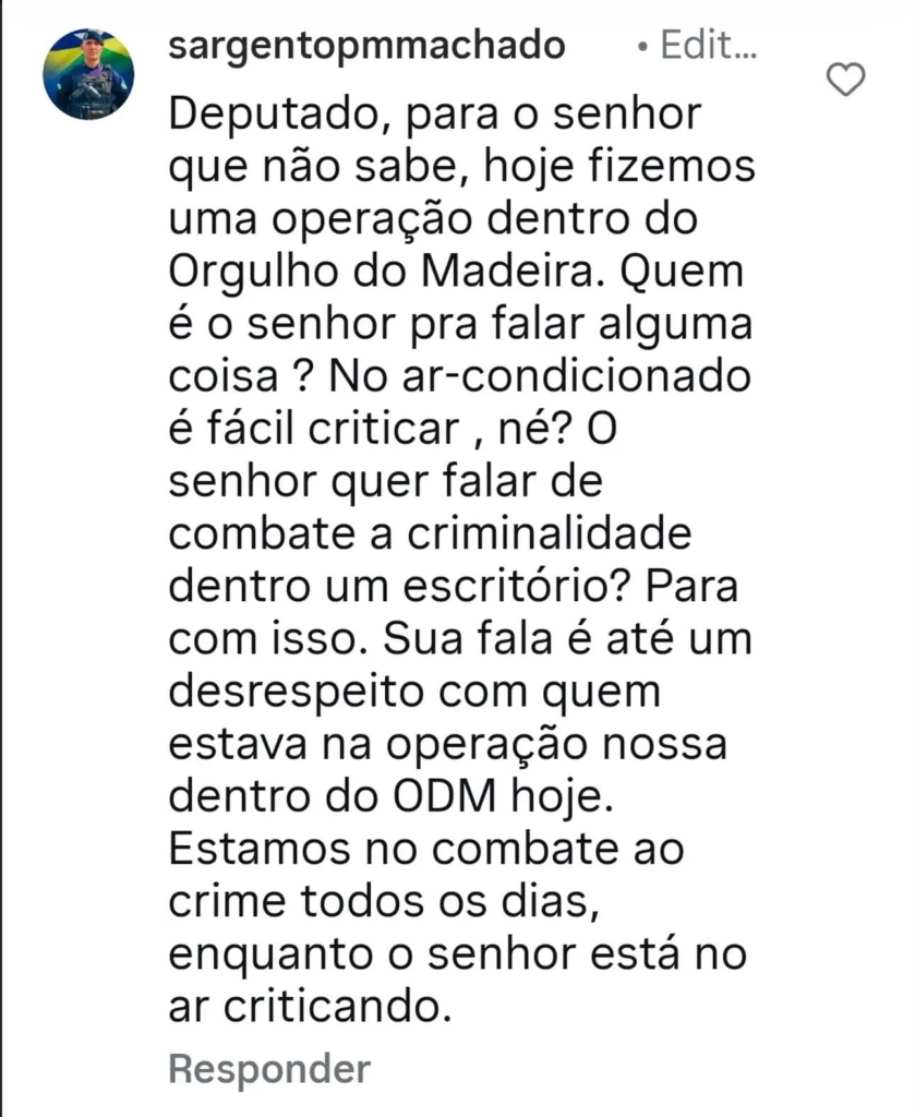 Sargento Machado rebate deputado Rodrigo Camargo que tentou desqualificar ação de policiais no Orgulho do Madeira 2 Sargento Machado rebate deputado Rodrigo Camargo que tentou desqualificar ação de policiais no Orgulho do Madeira
