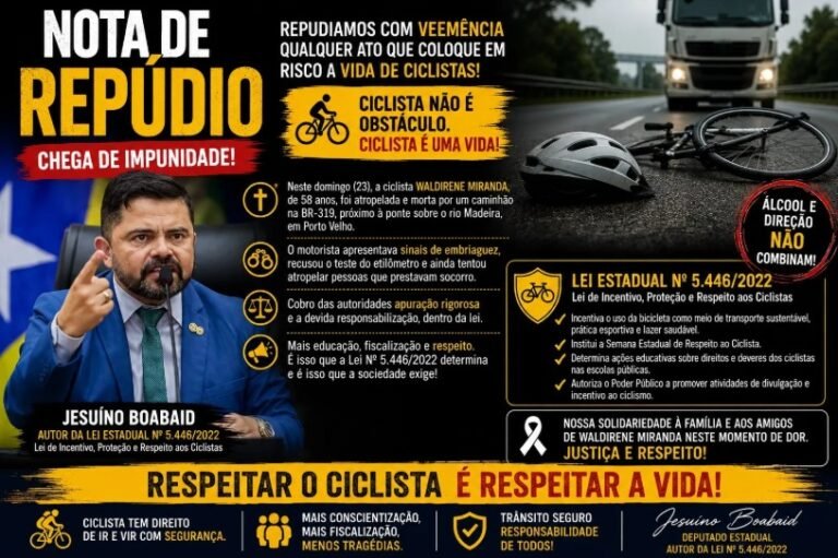 NOTA DE REPÚDIO – Jesuíno Boabaid repudia morte de ciclista na BR-319 e cobra rigor na apuração e mais proteção a quem pedala