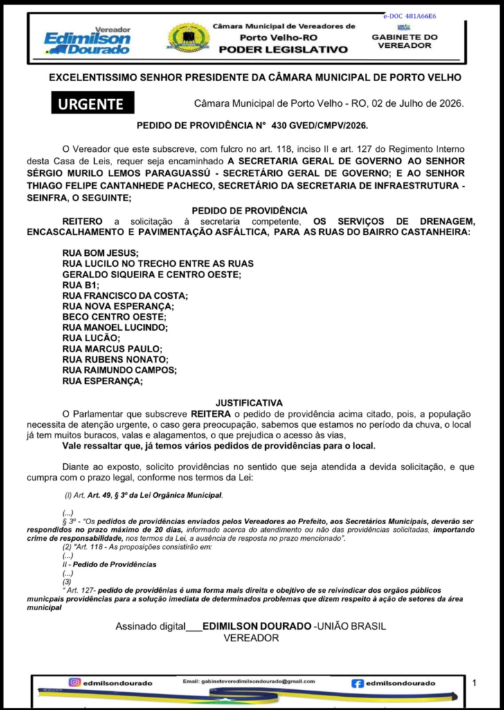 Edimilson Dourado reforça cobrança por asfaltamento de ruas no Bairro Castanheira