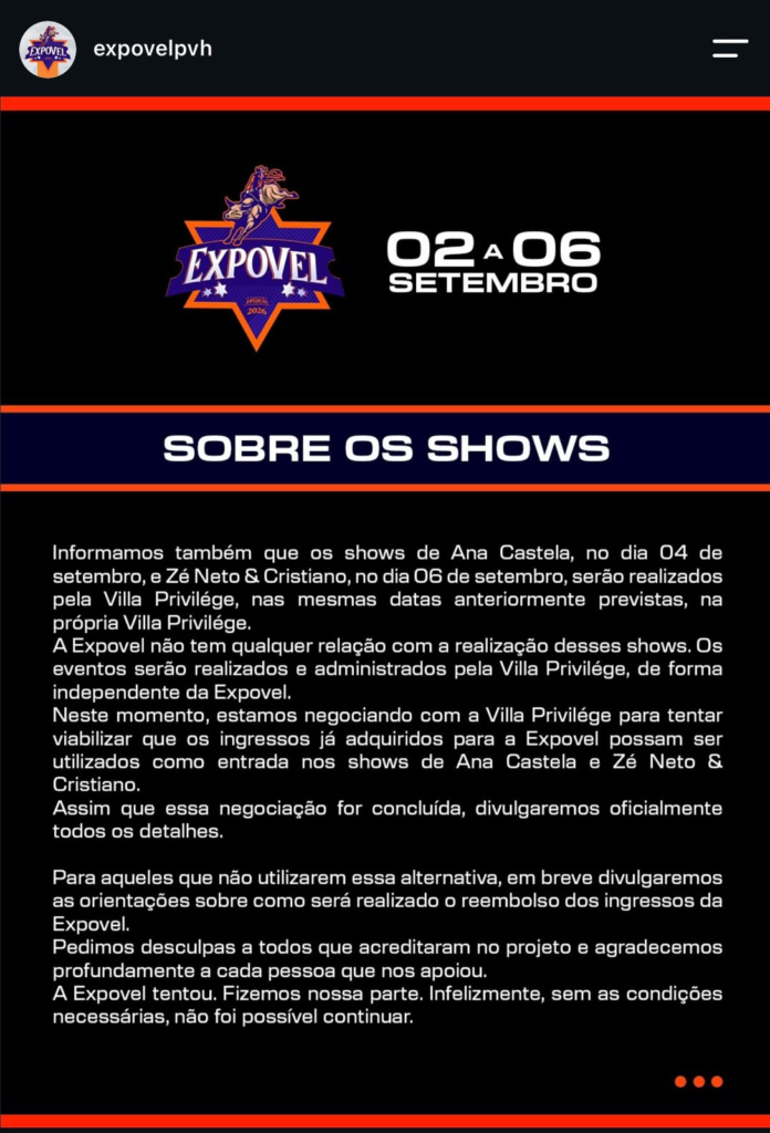 Organização anuncia cancelamento da Expovel, mas afirma que manterá alguns shows 4 Organização anuncia cancelamento da Expovel, mas afirma que manterá alguns shows
